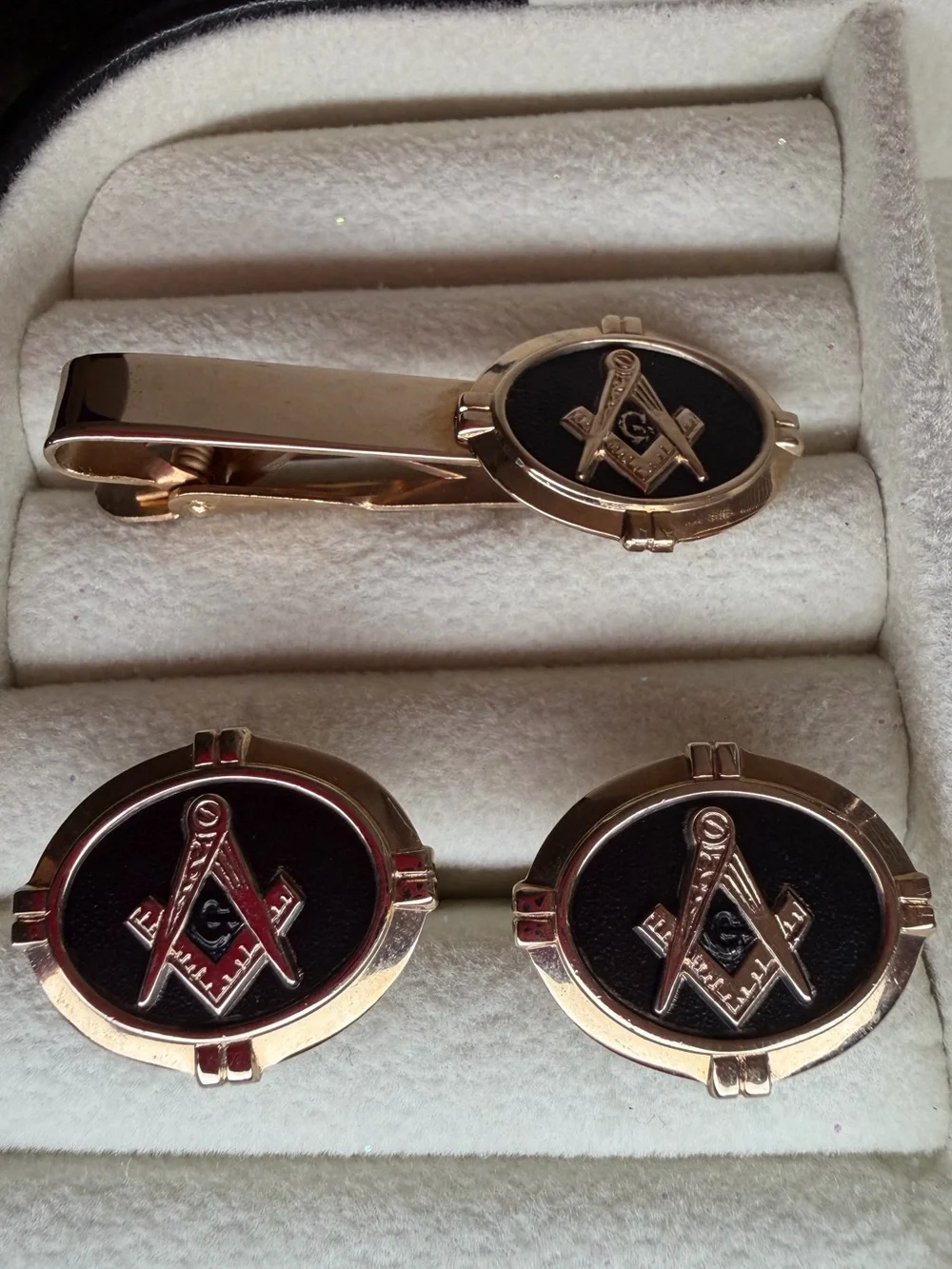 Gold-Tone Freemason Emblem Tie Bar and Cufflink Set - Black Inlay
